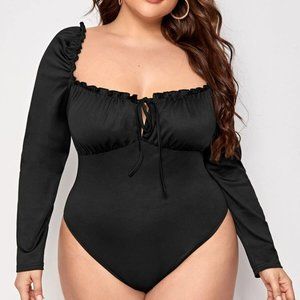 Plus Sweetheart Tie Front Frill Trim Bodysuit